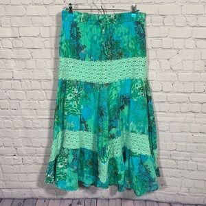 SilverStream Womens VTG Tiered Maxi Skirt Blue Green Floral OS Boho Fairy Indie